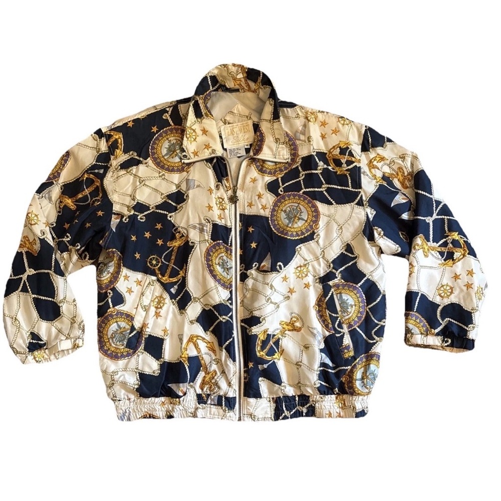 Vintage East West Silk Full Zip Jacket Nautical Navigation Anchors Rope Womens M